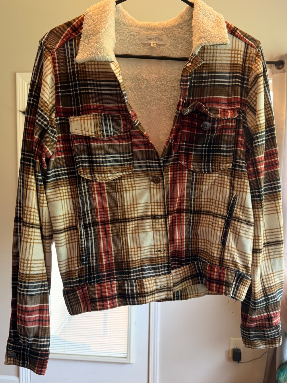 Eden & Olivia Cream, Red & Brown Plaid Sherpa-Lined Jacket